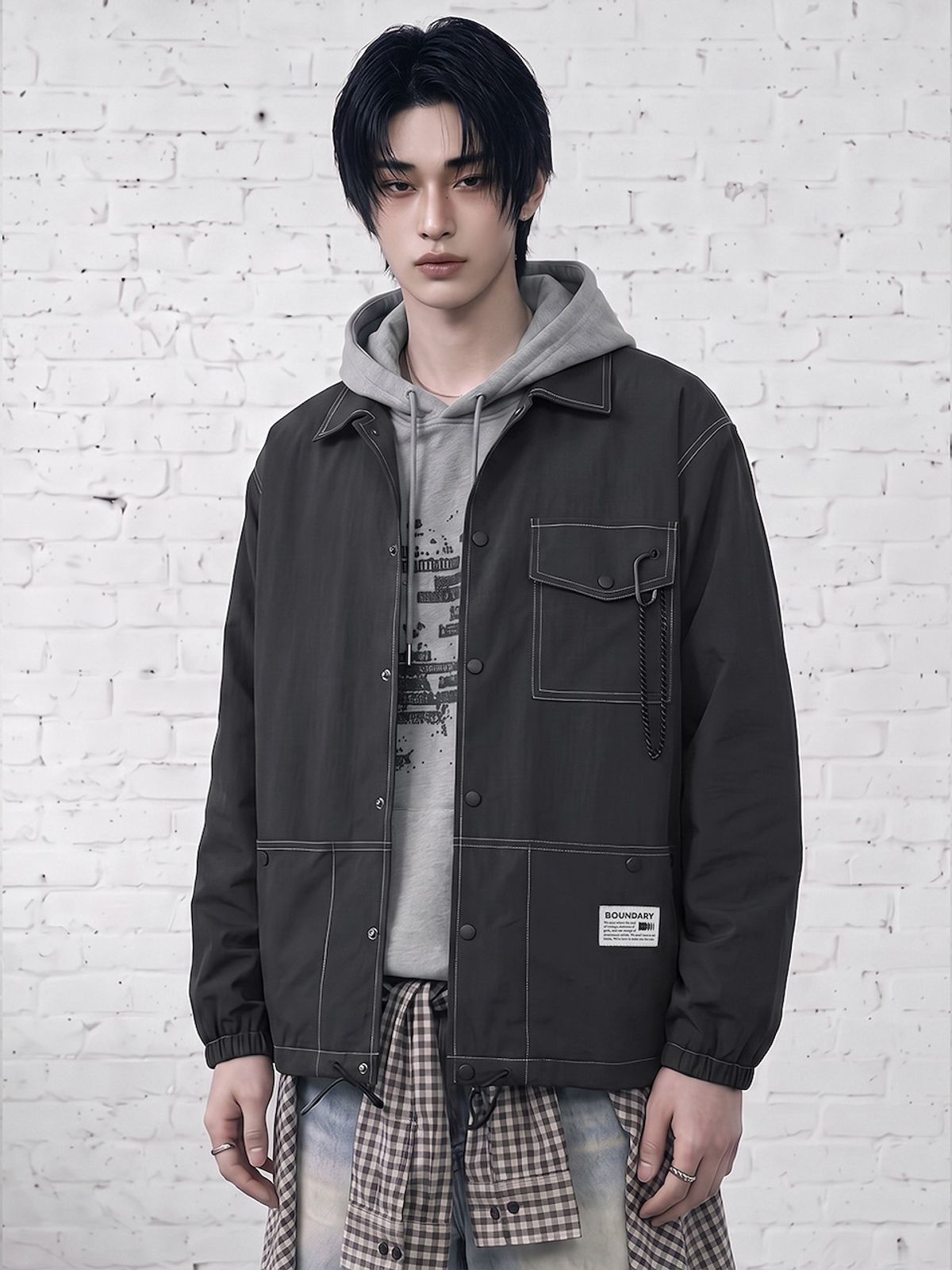 바운더리(BOUNDARY) SNAP BUTTON NYLON SHIRKET DARK GRAY