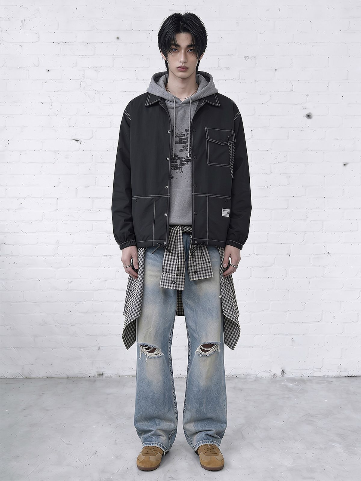 바운더리(BOUNDARY) SNAP BUTTON NYLON SHIRKET DARK GRAY