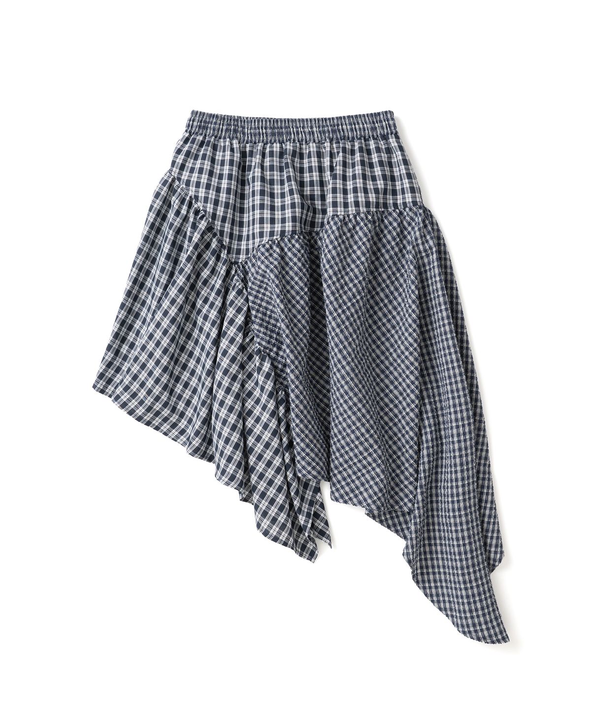 히쇼(HISYO) Unbalanced Check Pattern Banding Skirt - Blue
