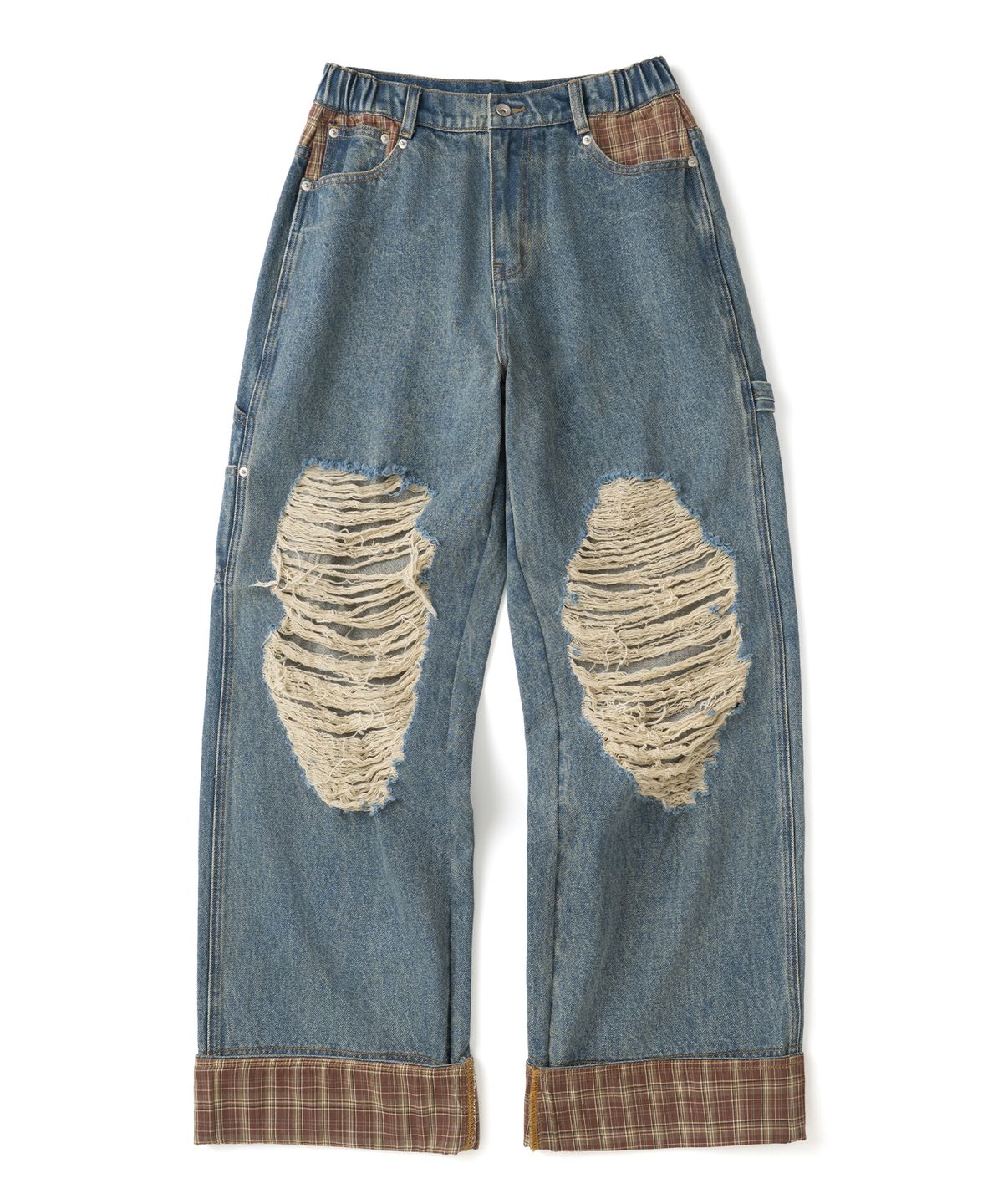 히쇼(HISYO) Check Panel Roll Up Carpenter Pants - Deep Blue