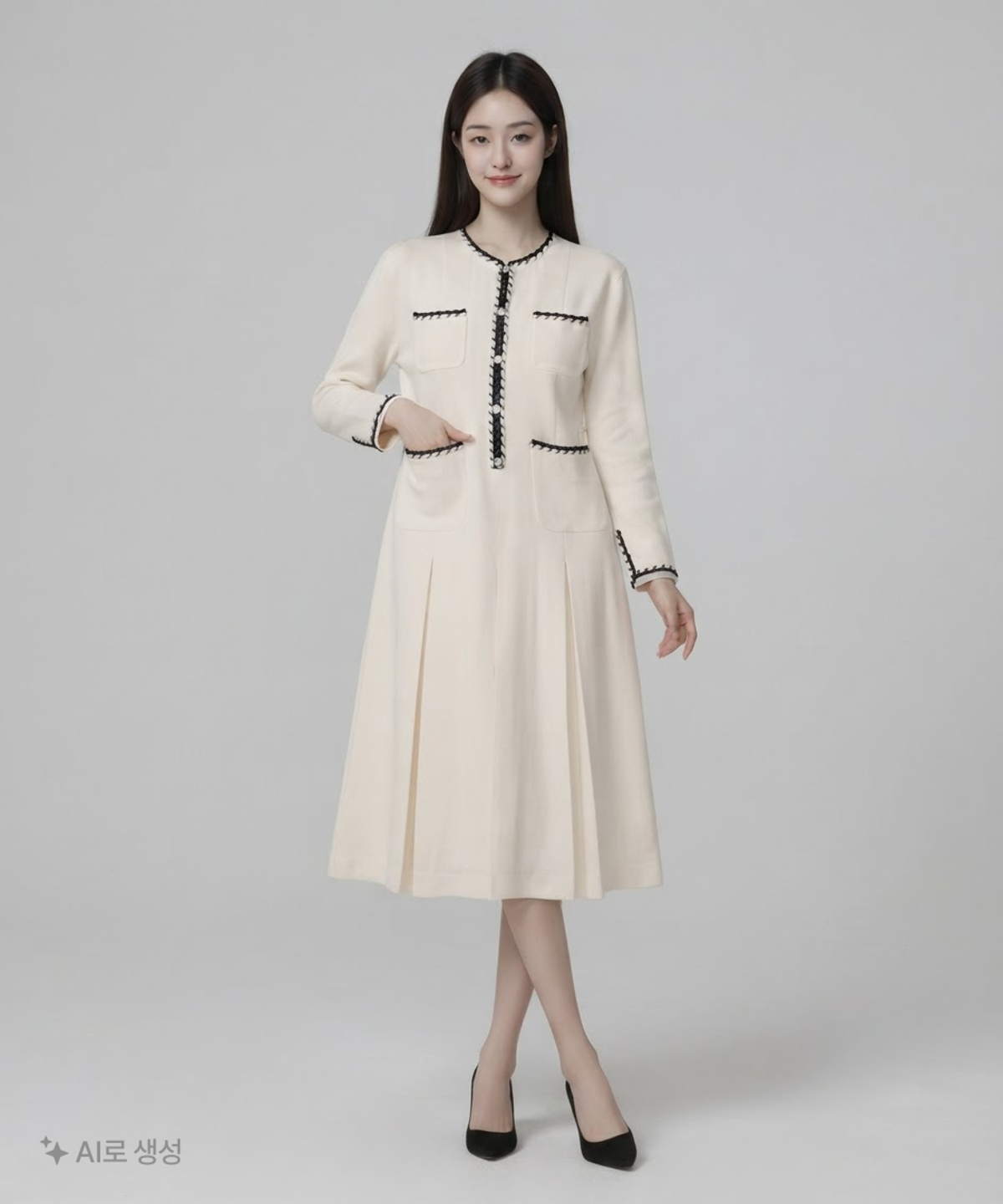 비뮤즈맨션(BEMUSE MANSION) Tweed tape trimming pleated dress - Ivory L