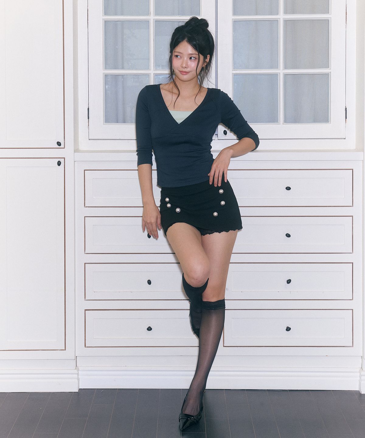 로잔느(ROSEANNE) Rachel Wrap 3/4-Sleeve Top (Navy)