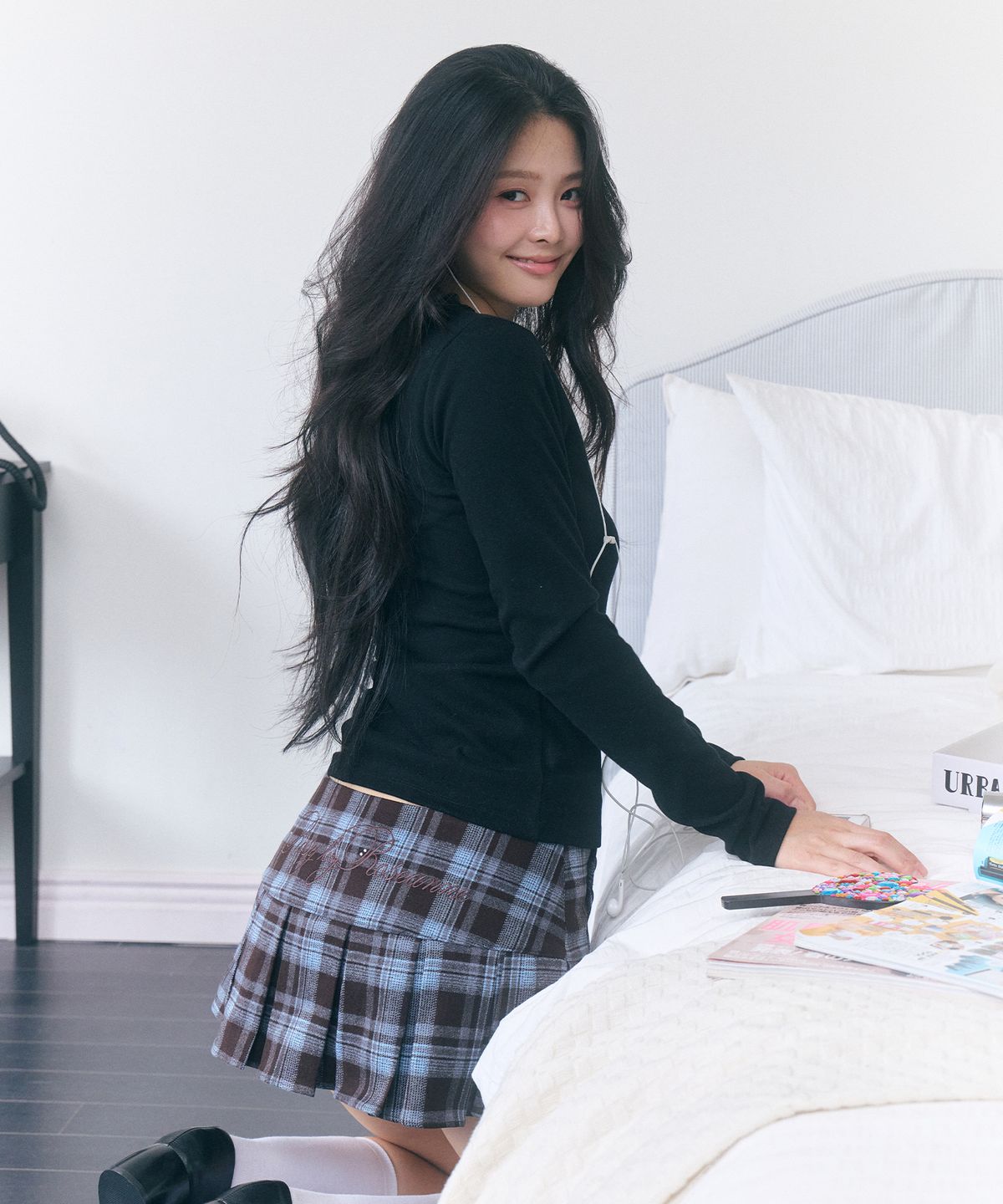로잔느(ROSEANNE) After School Button Pleated Mini Skirt (Oxford Blue Plaid)