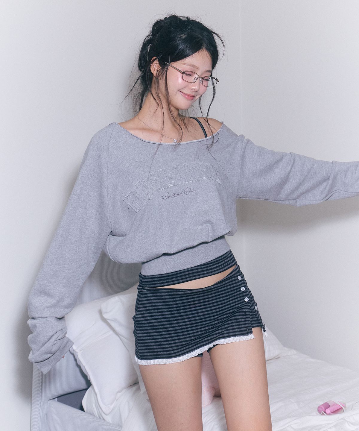 로잔느(ROSEANNE) Candy Crush Stripe Foldover Shorts (Charcoal Black)