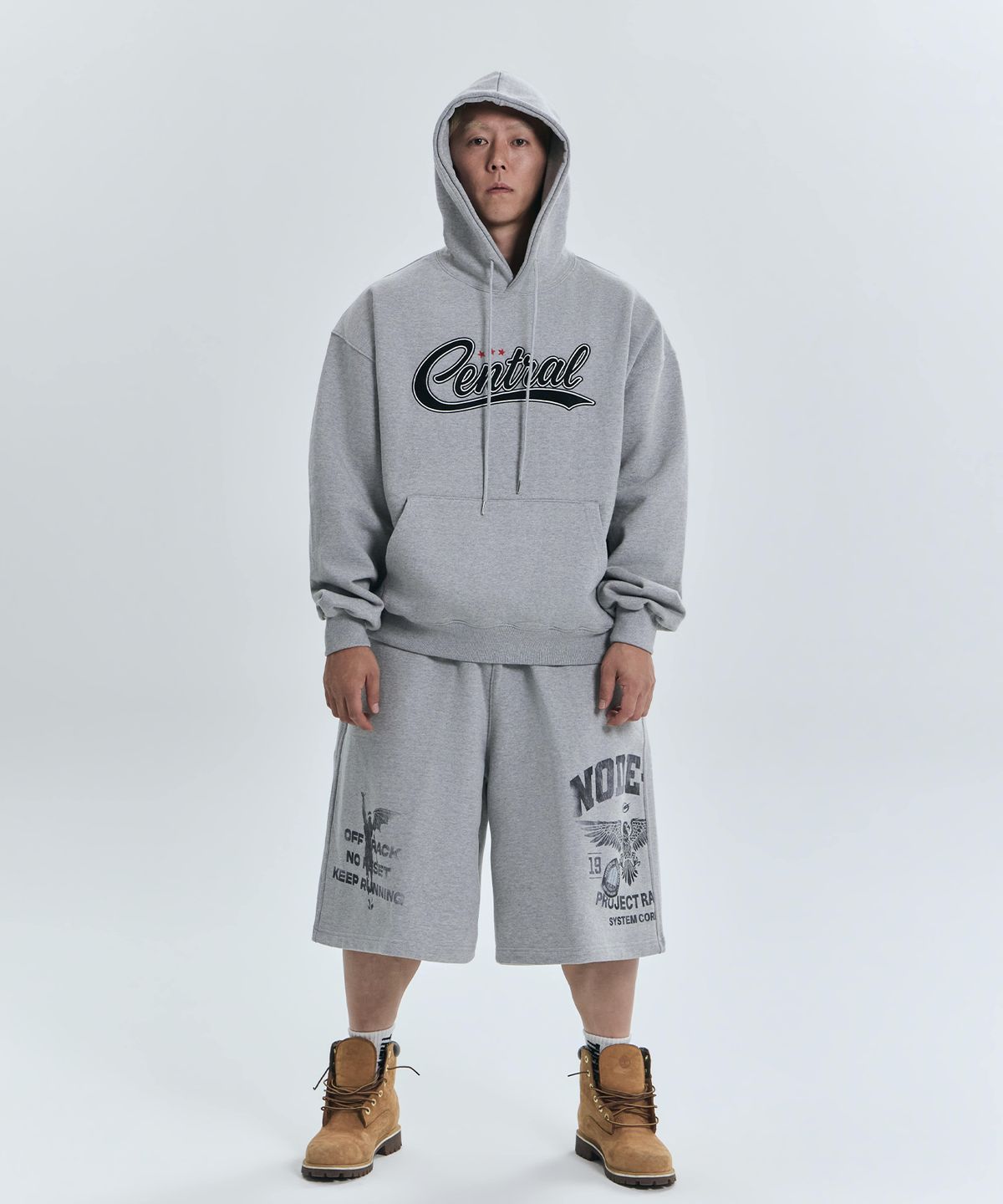 더랭크(THERANK) CENTRAL LEATHER APPLIQUE HOODIE [MELANGE GREY]