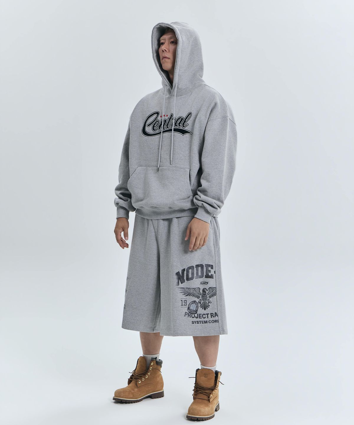 더랭크(THERANK) CENTRAL LEATHER APPLIQUE HOODIE [MELANGE GREY]