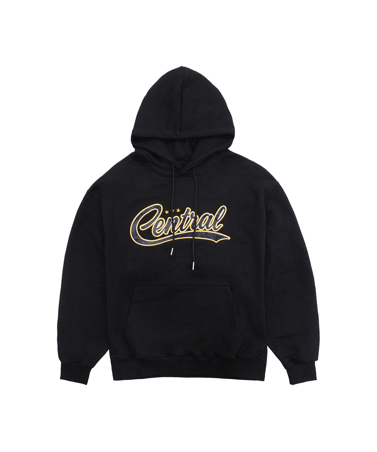 더랭크(THERANK) CENTRAL LEATHER APPLIQUE HOODIE [BLACK]