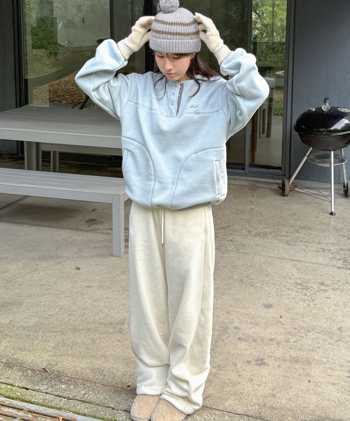 드로우핏 우먼(DRAWFIT WOMEN) [드로우핏우먼 X 알로하] 플리스 와이드 밴딩 팬츠 [M.GREY]