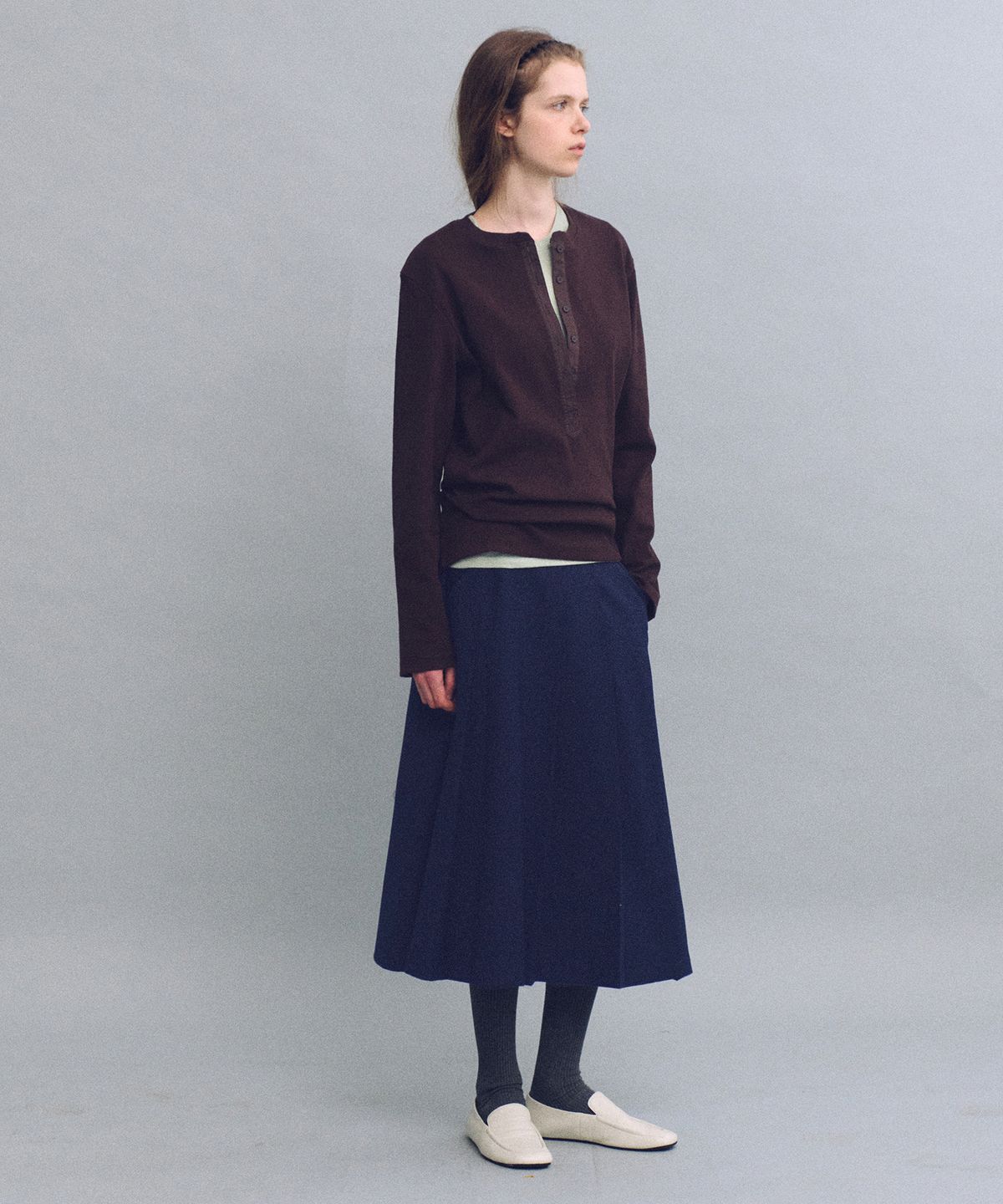 아우브아워(AUBOUR) double pocket pleats skirt (navy)