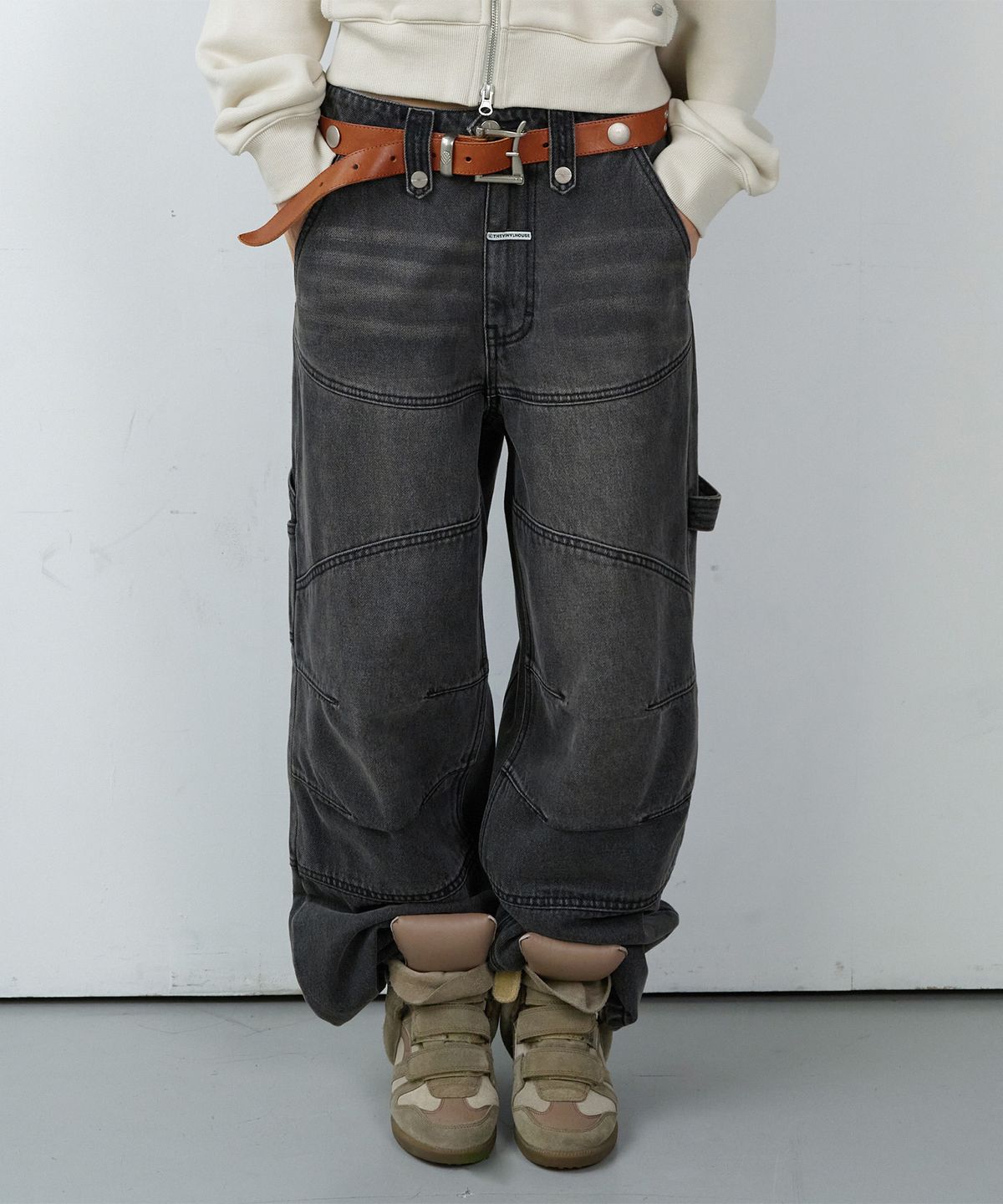 더바이닐하우스(THEVINYLHOUSE) ROUND DOUBLE KNEE DENIM PANTS BLACK