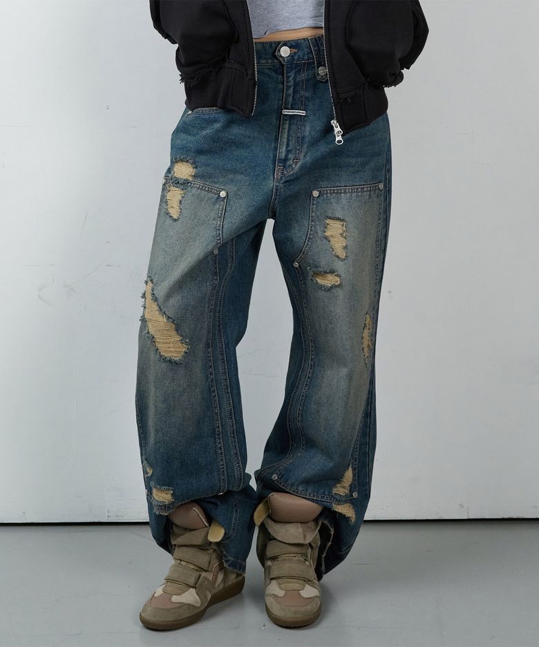 DESTROYED BOOTS CUT DENIM PANTS BLUE