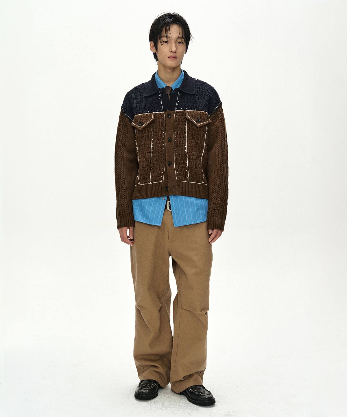 앤더슨벨(ADSB ANDERSSON BELL) CAMELON TRUCKER CARDIGAN (BROWN/NAVY)