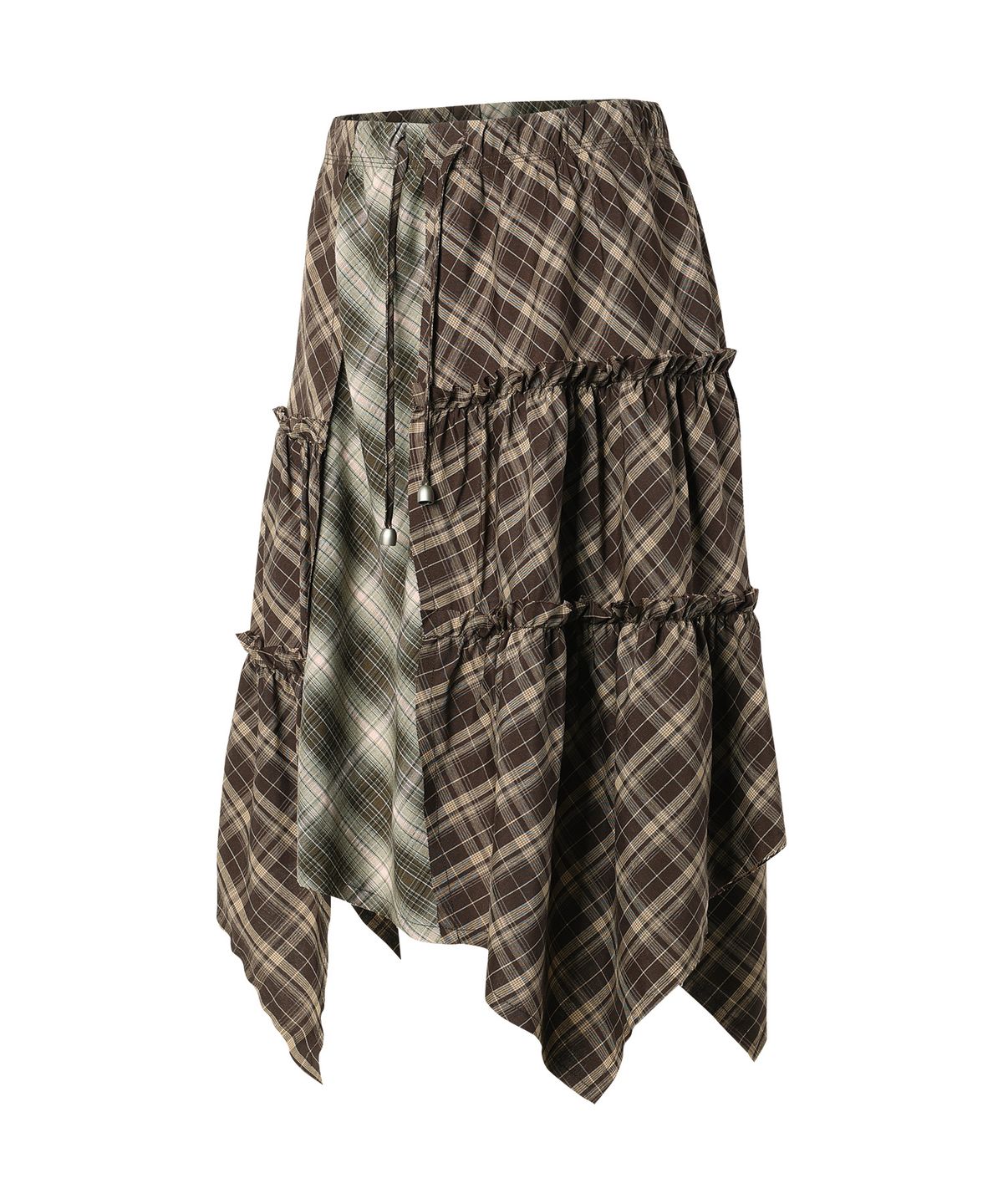 더바이닐하우스(THEVINYLHOUSE) UNBALANCE LAYERED CHECK SKIRT (W) BROWN