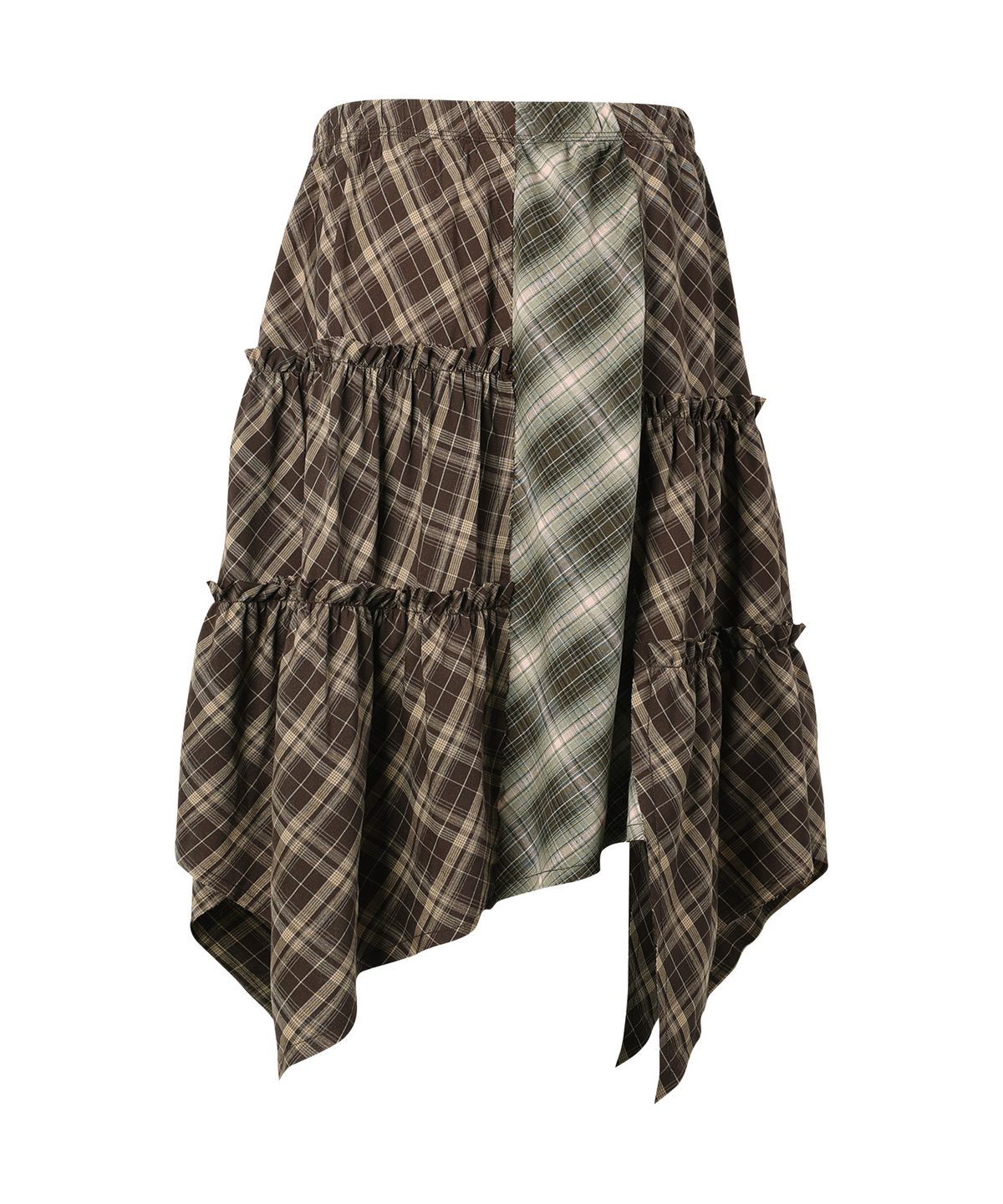 더바이닐하우스(THEVINYLHOUSE) UNBALANCE LAYERED CHECK SKIRT (W) BROWN