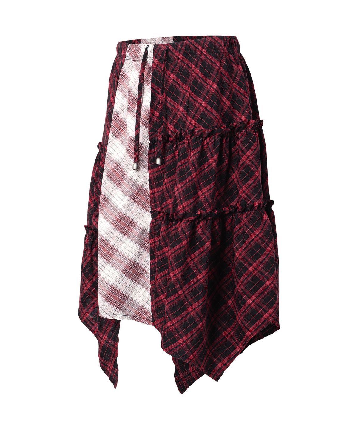 더바이닐하우스(THEVINYLHOUSE) UNBALANCE LAYERED CHECK SKIRT (W) RED