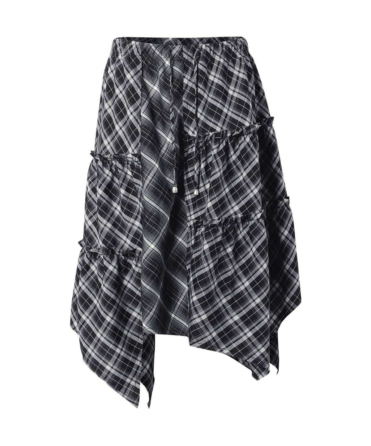 더바이닐하우스(THEVINYLHOUSE) UNBALANCE LAYERED CHECK SKIRT (W) BLACK