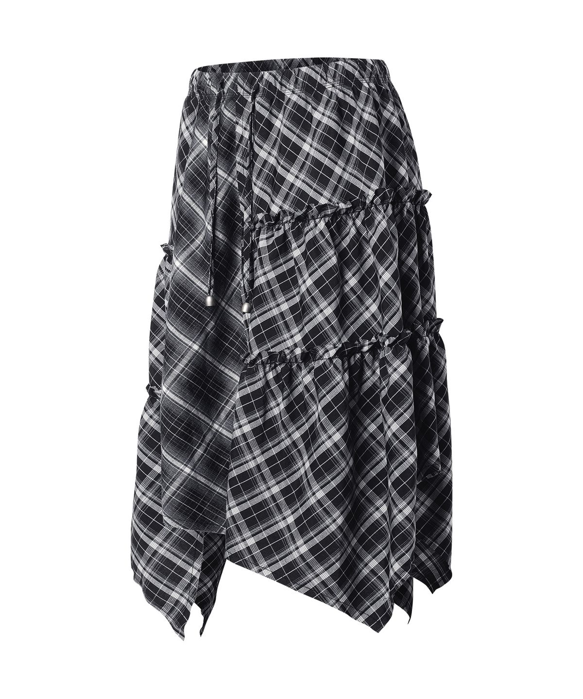 더바이닐하우스(THEVINYLHOUSE) UNBALANCE LAYERED CHECK SKIRT (W) BLACK