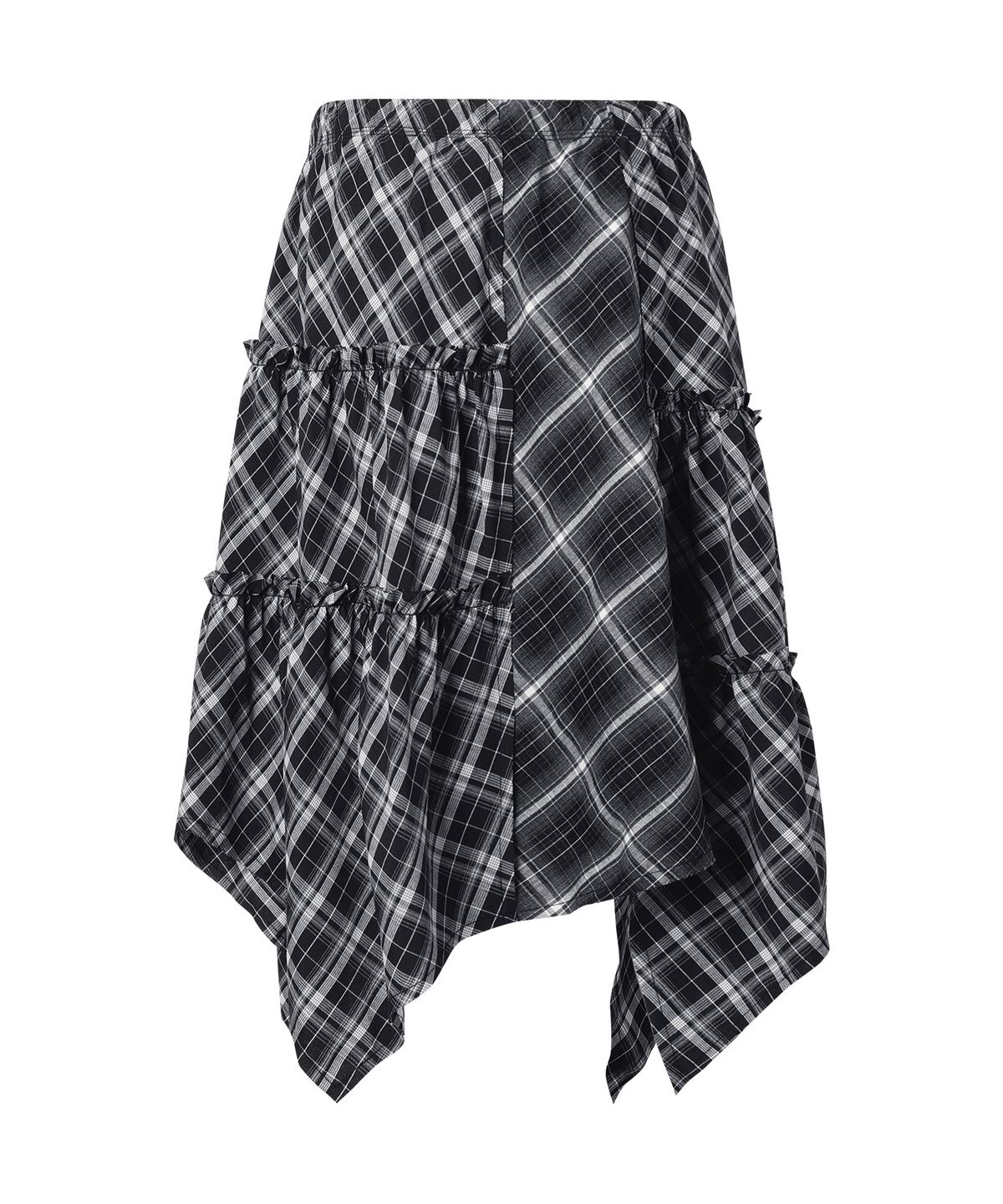 더바이닐하우스(THEVINYLHOUSE) UNBALANCE LAYERED CHECK SKIRT (W) BLACK