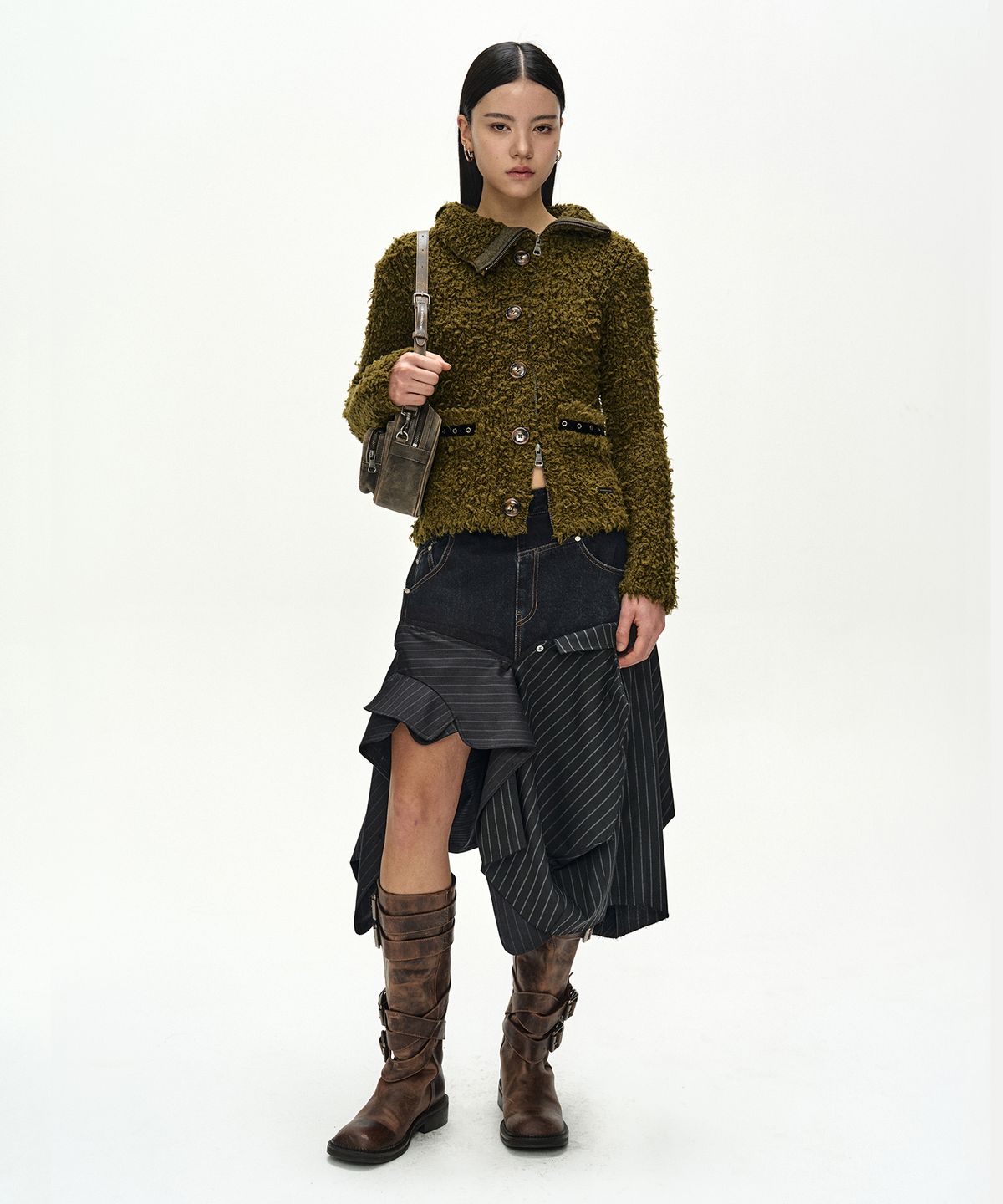 앤더슨벨(ADSB ANDERSSON BELL) REWORKED DENIM PANEL WRAP SKIRT (BLACK)