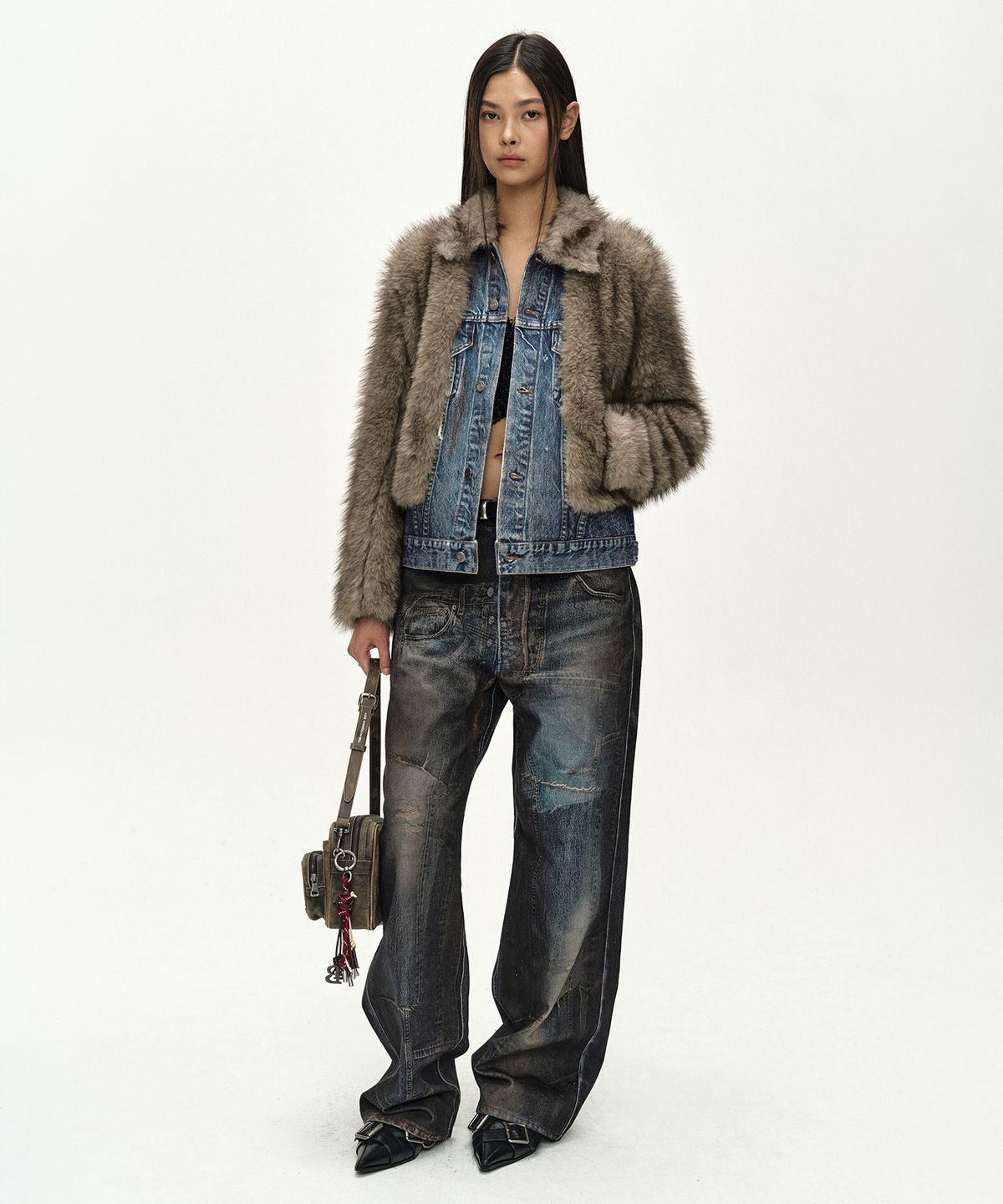 앤더슨벨(ADSB ANDERSSON BELL) FUR ON DENIM JACKET (GREY)