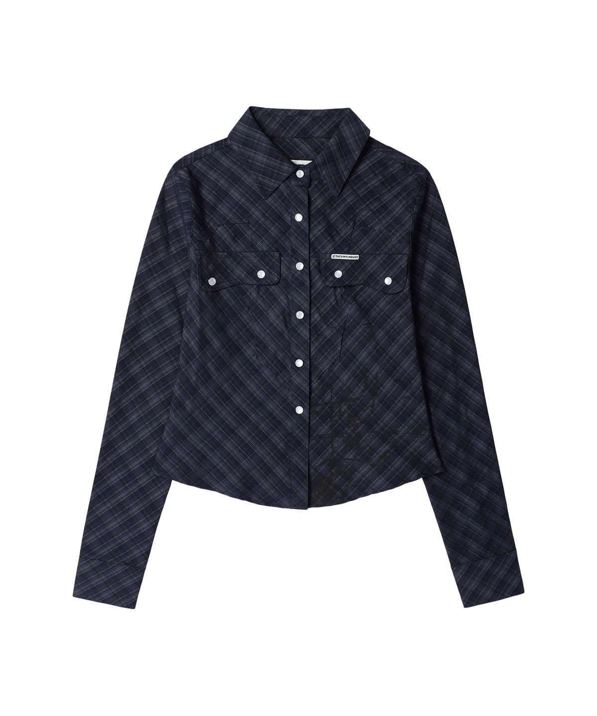 더바이닐하우스(THEVINYLHOUSE) PAINTING CROP CHECK SHIRTS(W) NAVY