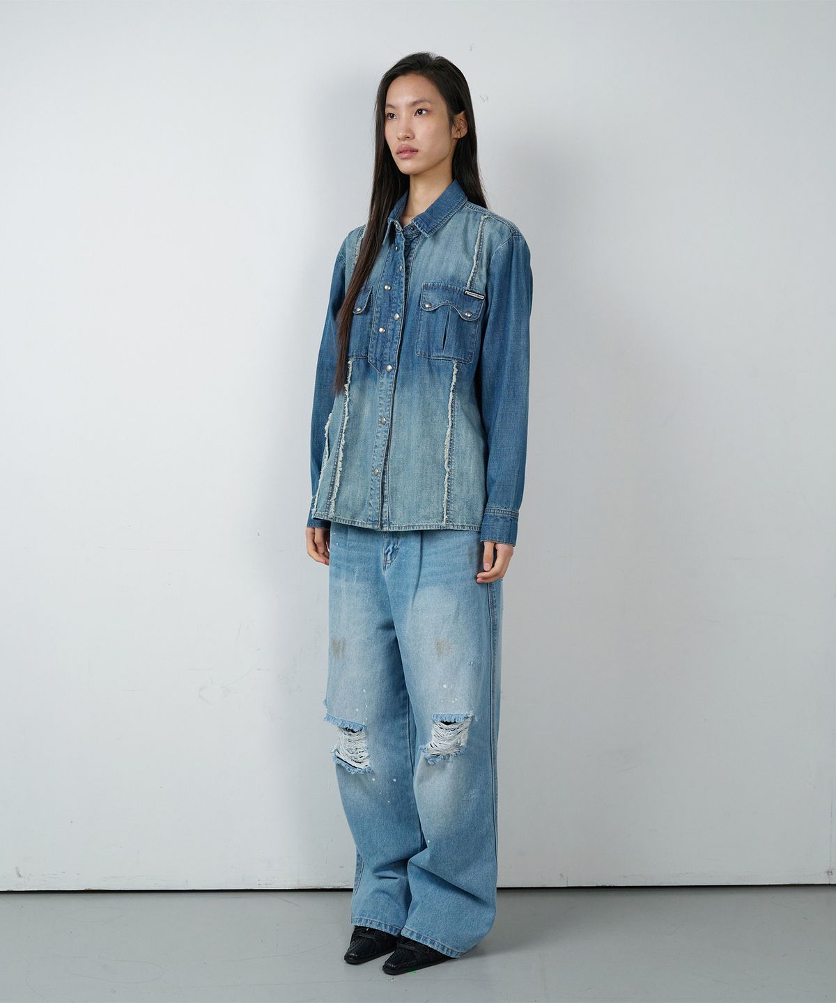더바이닐하우스(THEVINYLHOUSE) DOUBLE PLACKETS DENIM SHIRTS BLUE