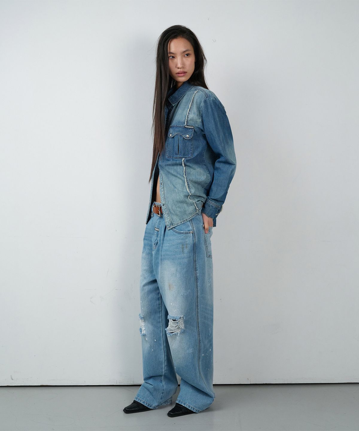 더바이닐하우스(THEVINYLHOUSE) DOUBLE PLACKETS DENIM SHIRTS BLUE