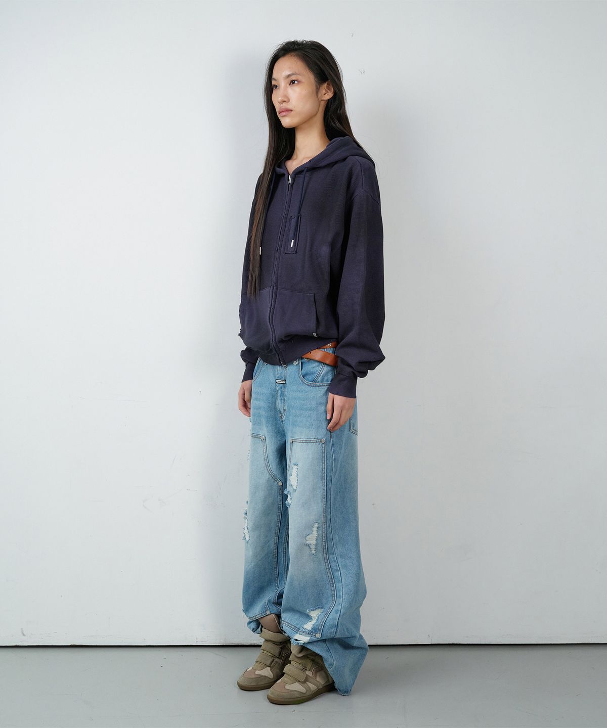 더바이닐하우스(THEVINYLHOUSE) WAFFLE MIXED HOODIE ZIP-UP NAVY