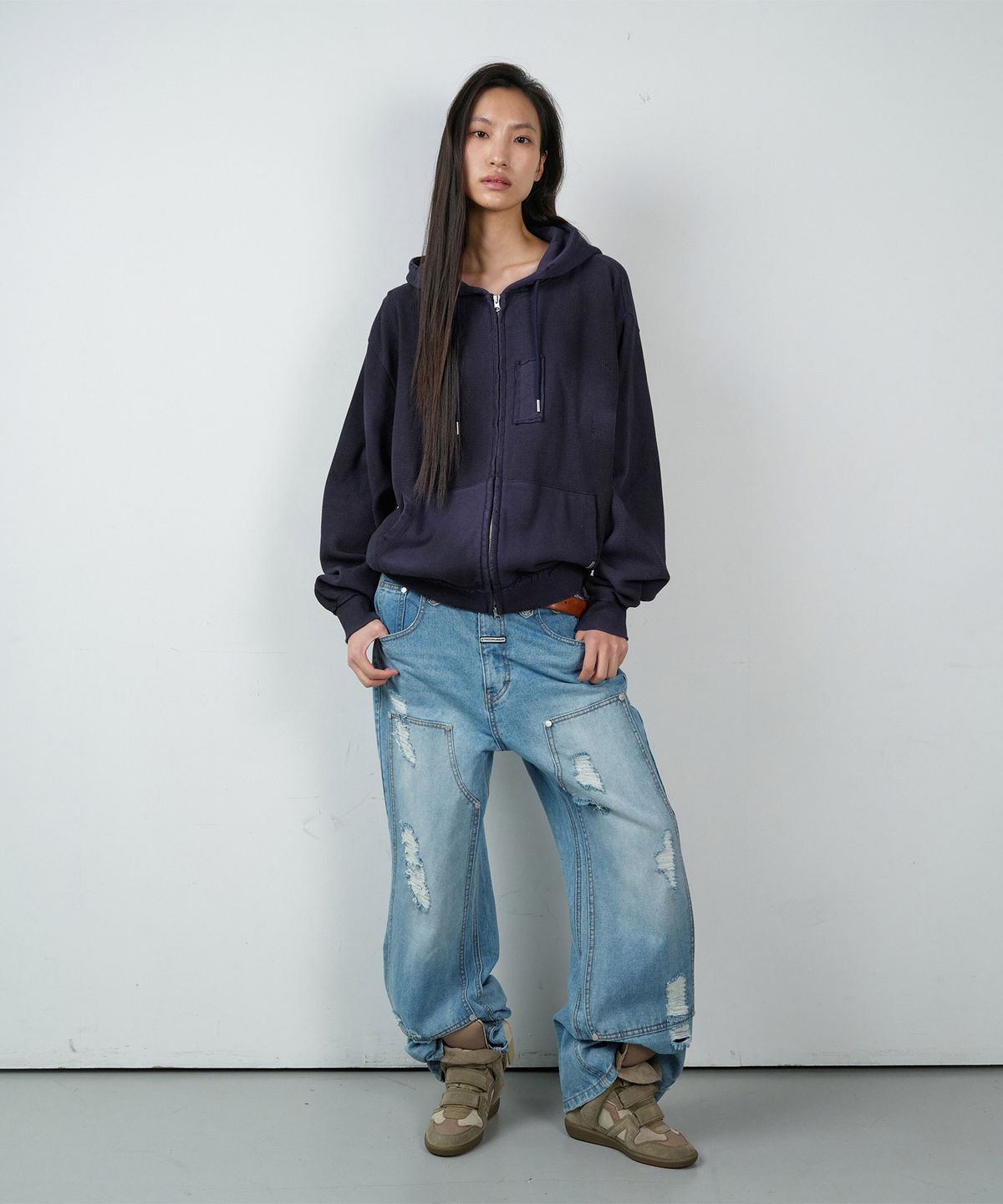 더바이닐하우스(THEVINYLHOUSE) WAFFLE MIXED HOODIE ZIP-UP NAVY