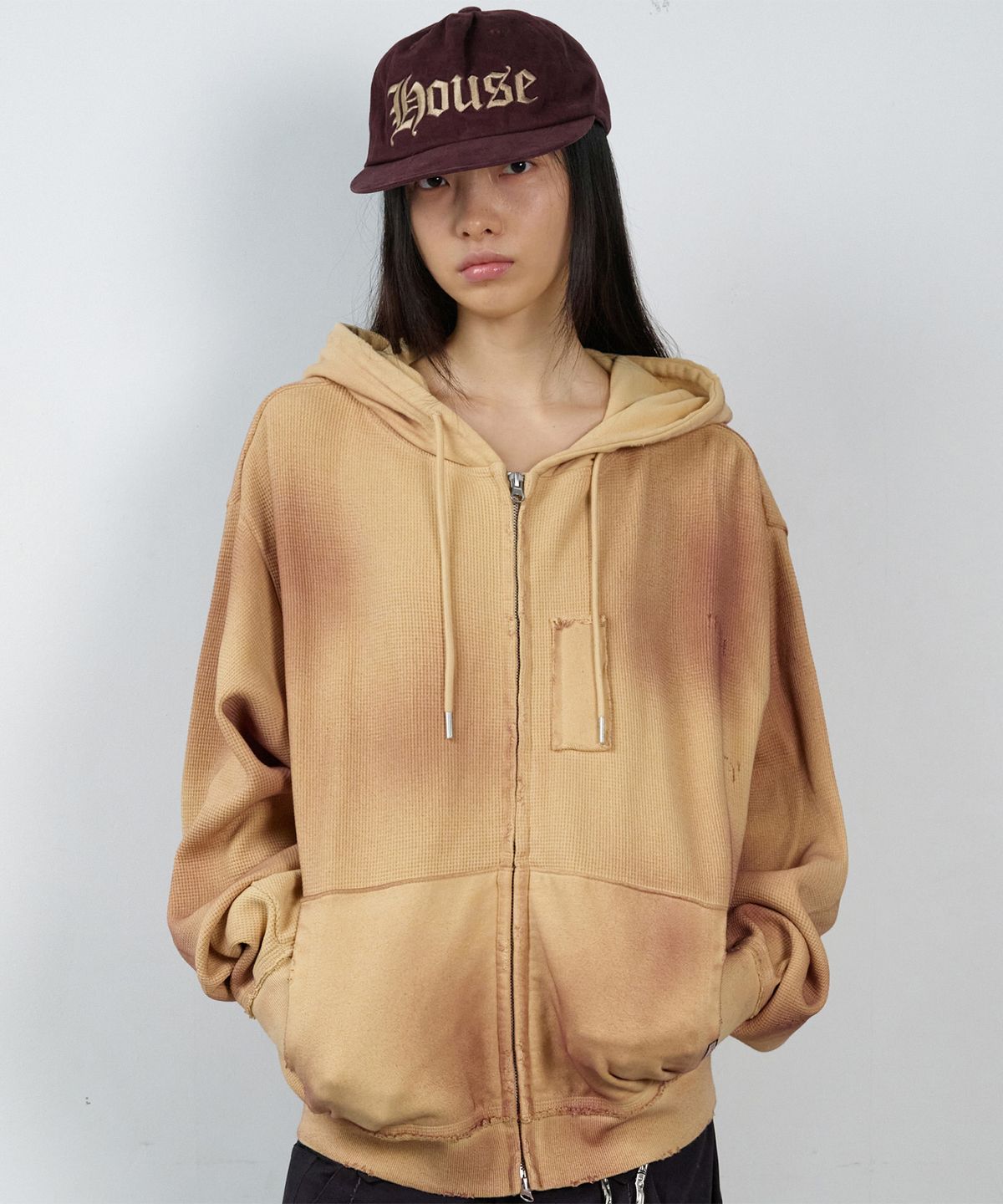 더바이닐하우스(THEVINYLHOUSE) WAFFLE MIXED HOODIE ZIP-UP SAND