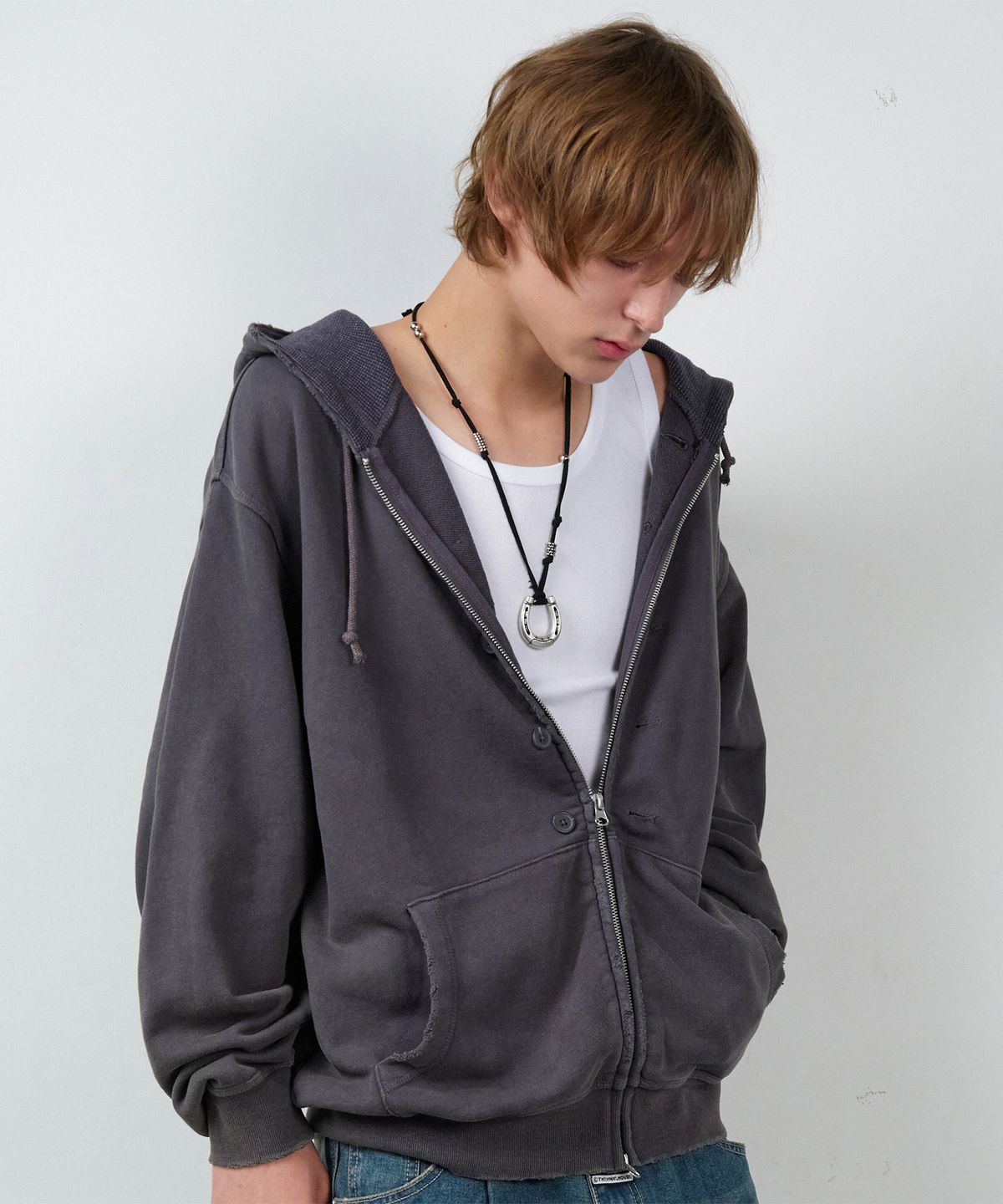 더바이닐하우스(THEVINYLHOUSE) BUTTON WASHED HOODIE ZIP-UP PURPLE