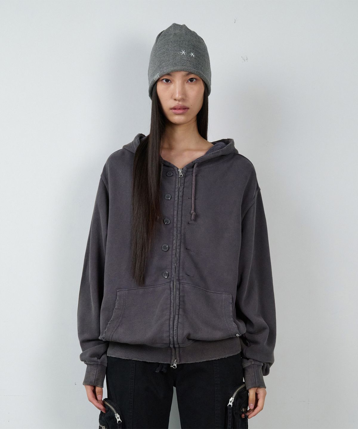 더바이닐하우스(THEVINYLHOUSE) BUTTON WASHED HOODIE ZIP-UP PURPLE