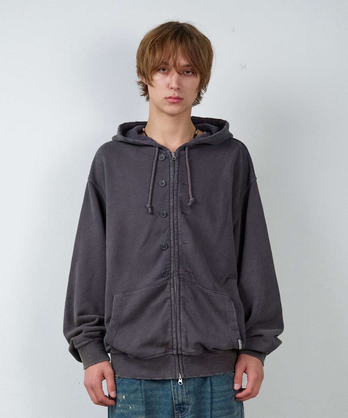 더바이닐하우스(THEVINYLHOUSE) BUTTON WASHED HOODIE ZIP-UP PURPLE