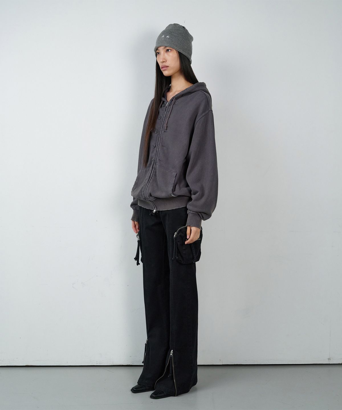 더바이닐하우스(THEVINYLHOUSE) BUTTON WASHED HOODIE ZIP-UP PURPLE