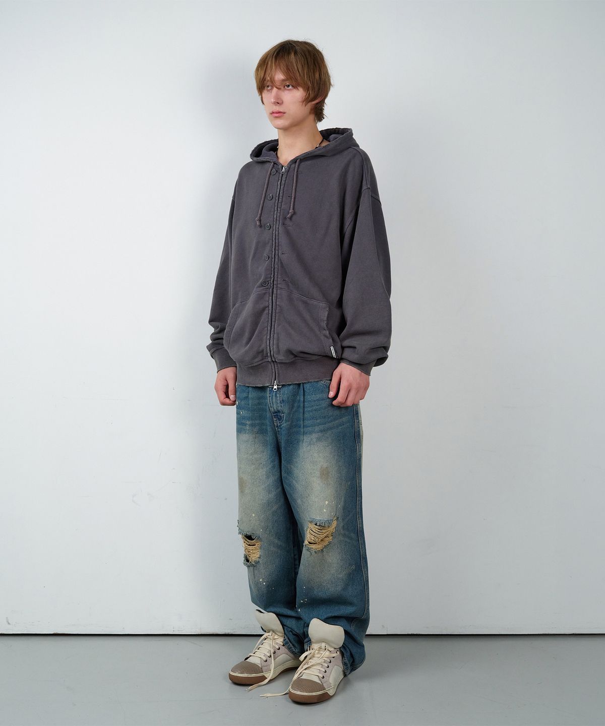 더바이닐하우스(THEVINYLHOUSE) BUTTON WASHED HOODIE ZIP-UP PURPLE