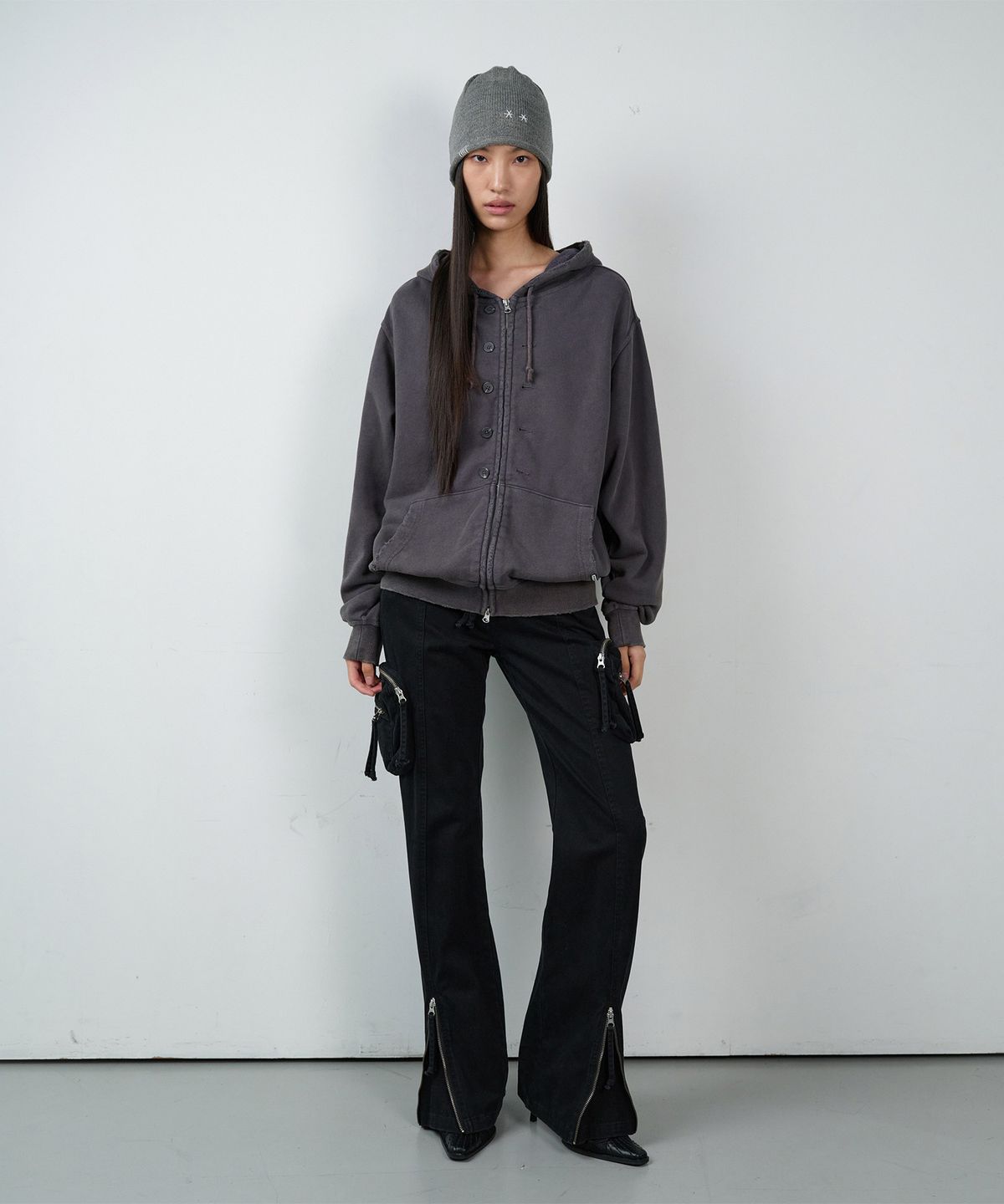 더바이닐하우스(THEVINYLHOUSE) BUTTON WASHED HOODIE ZIP-UP PURPLE