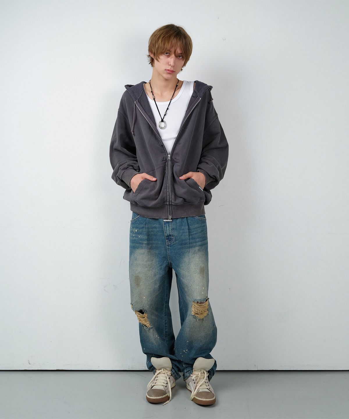 더바이닐하우스(THEVINYLHOUSE) BUTTON WASHED HOODIE ZIP-UP PURPLE