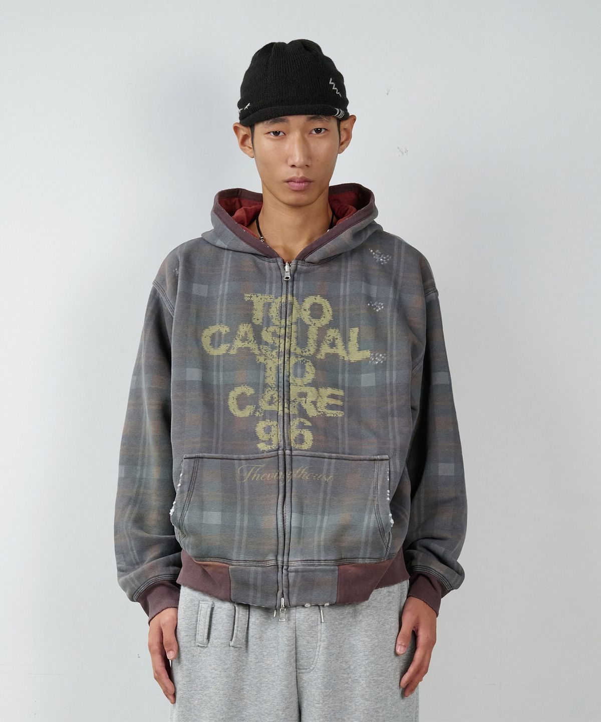 더바이닐하우스(THEVINYLHOUSE) REVERSIBLE CHECK HOODIE ZIP-UP BROWN