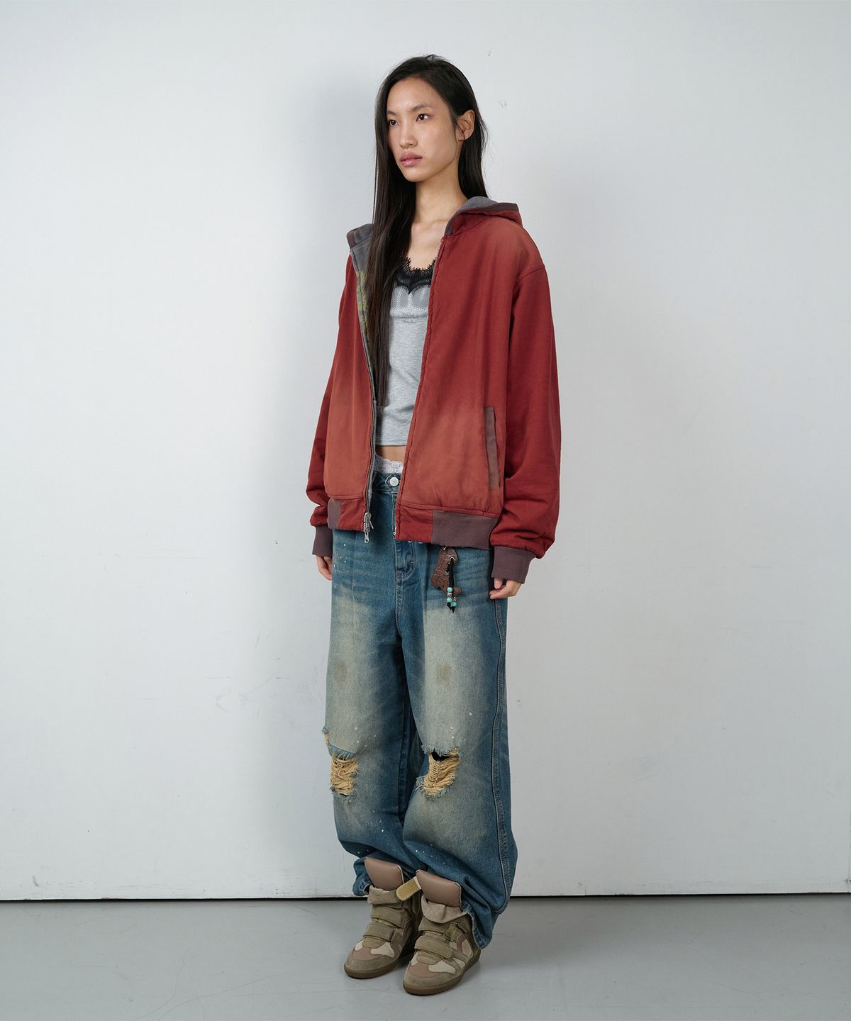 더바이닐하우스(THEVINYLHOUSE) REVERSIBLE CHECK HOODIE ZIP-UP BROWN