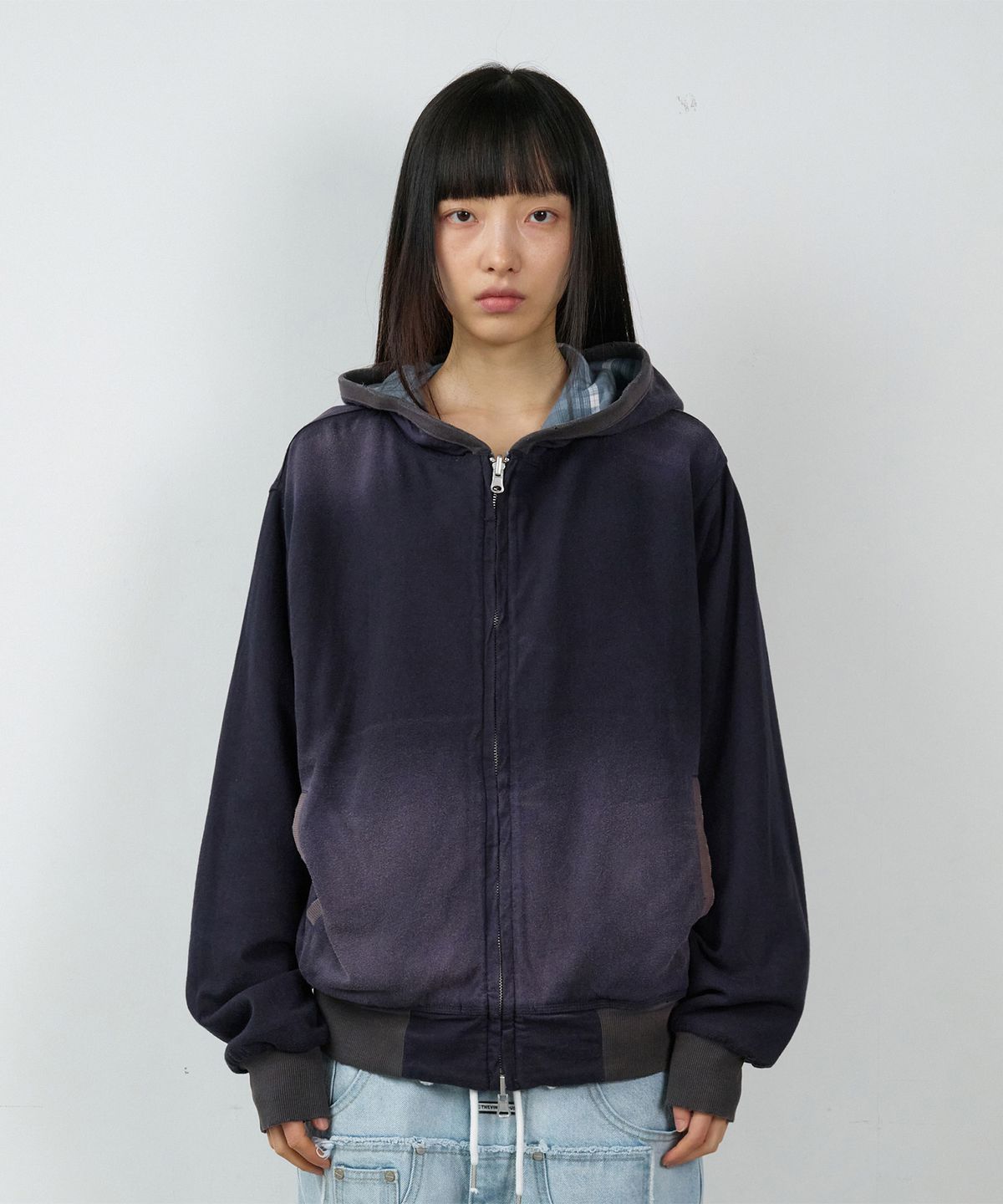 더바이닐하우스(THEVINYLHOUSE) REVERSIBLE CHECK HOODIE ZIP-UP NAVY