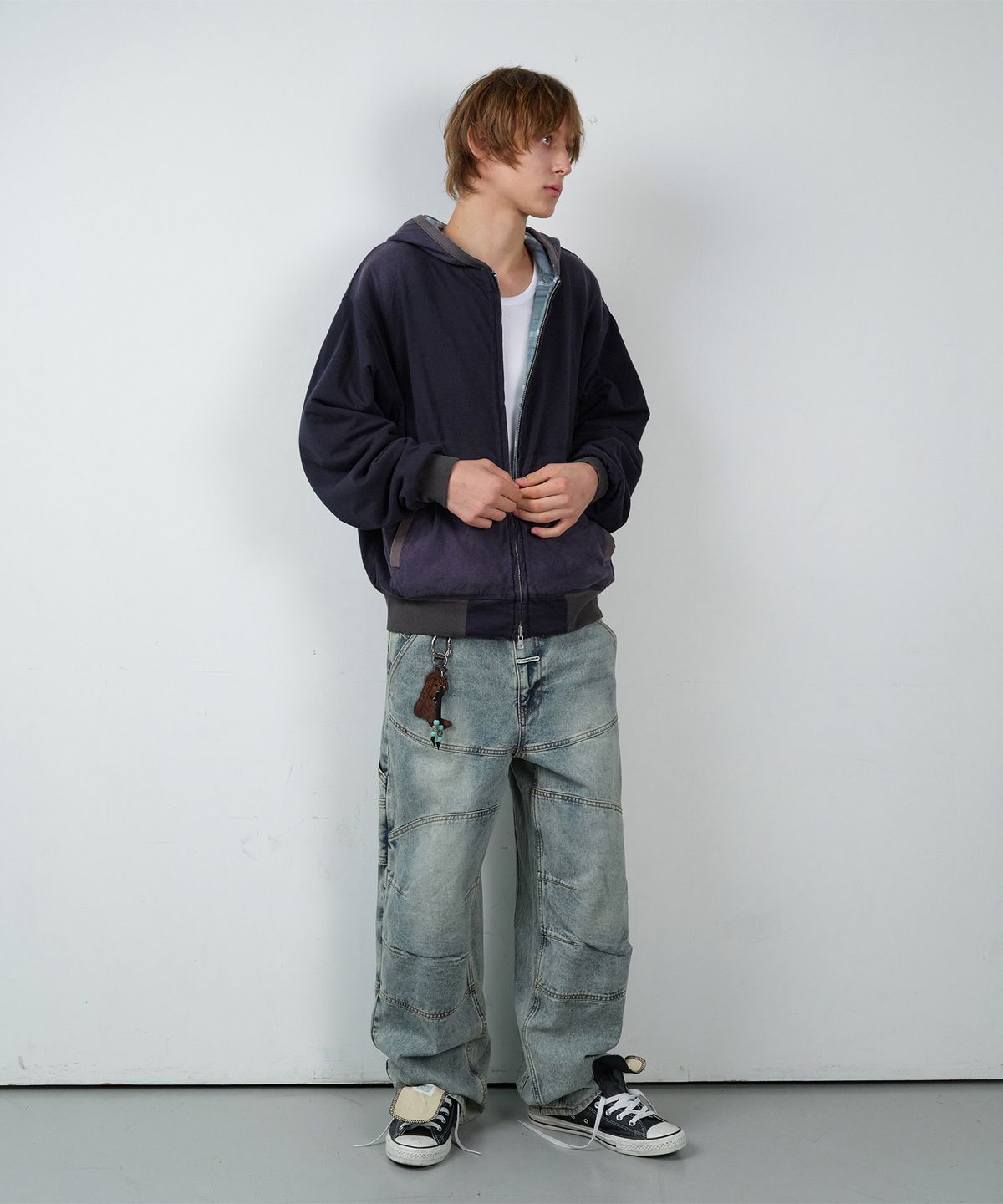 더바이닐하우스(THEVINYLHOUSE) REVERSIBLE CHECK HOODIE ZIP-UP NAVY