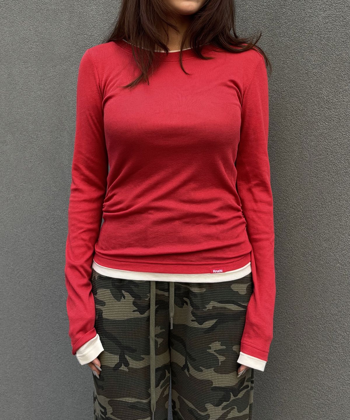 크루치(KRUCHI) Shirring Layered Top (RED) WOMENS