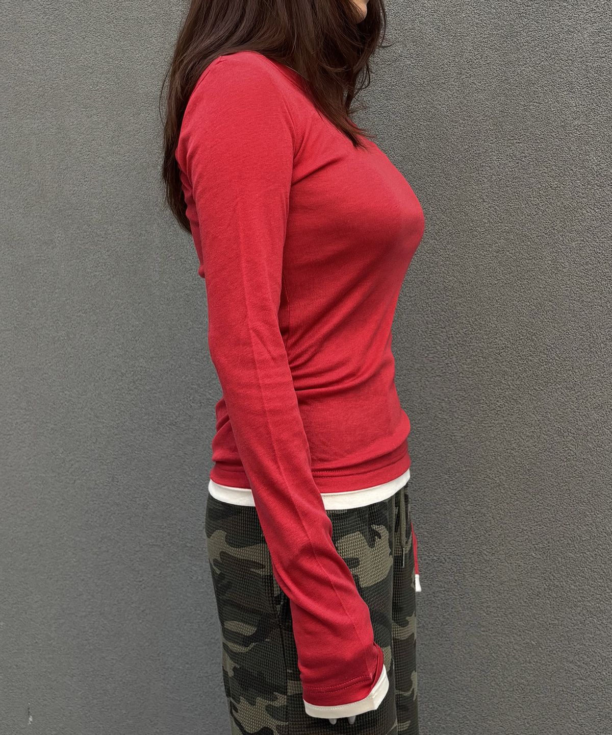 크루치(KRUCHI) Shirring Layered Top (RED) WOMENS