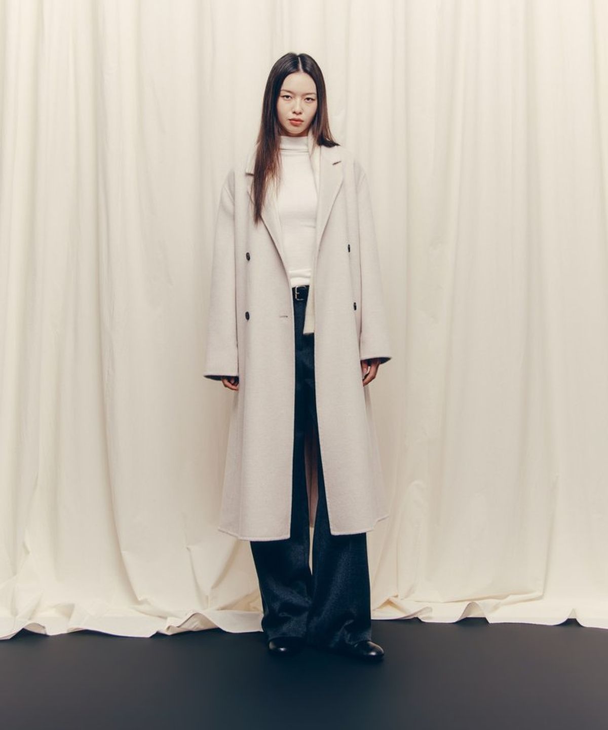 헤지스(HAZZYS) [HIS WOMEN] 오트밀 아이보리 《CASHMERE 10》 핸드메이드 벨티드 더블 롱코트
