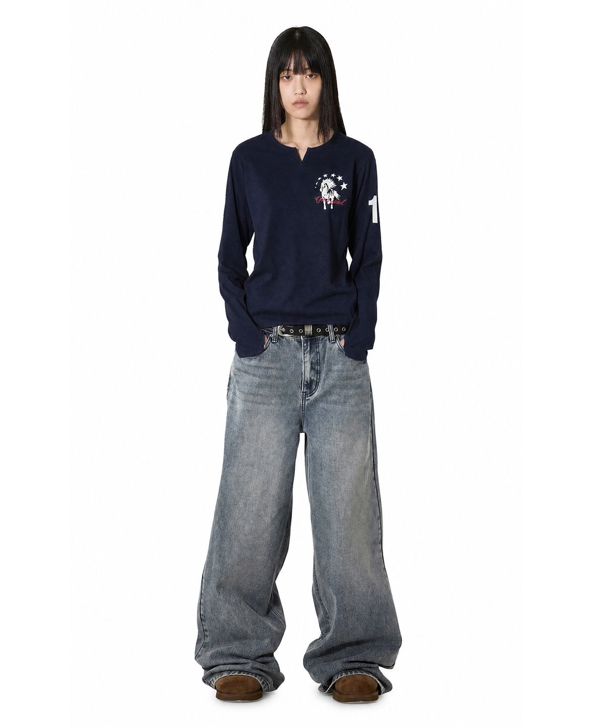 오픈야드(오와이)(OPENYARD(OY)) SLIT NECK HORSE L/S TEE - NAVY