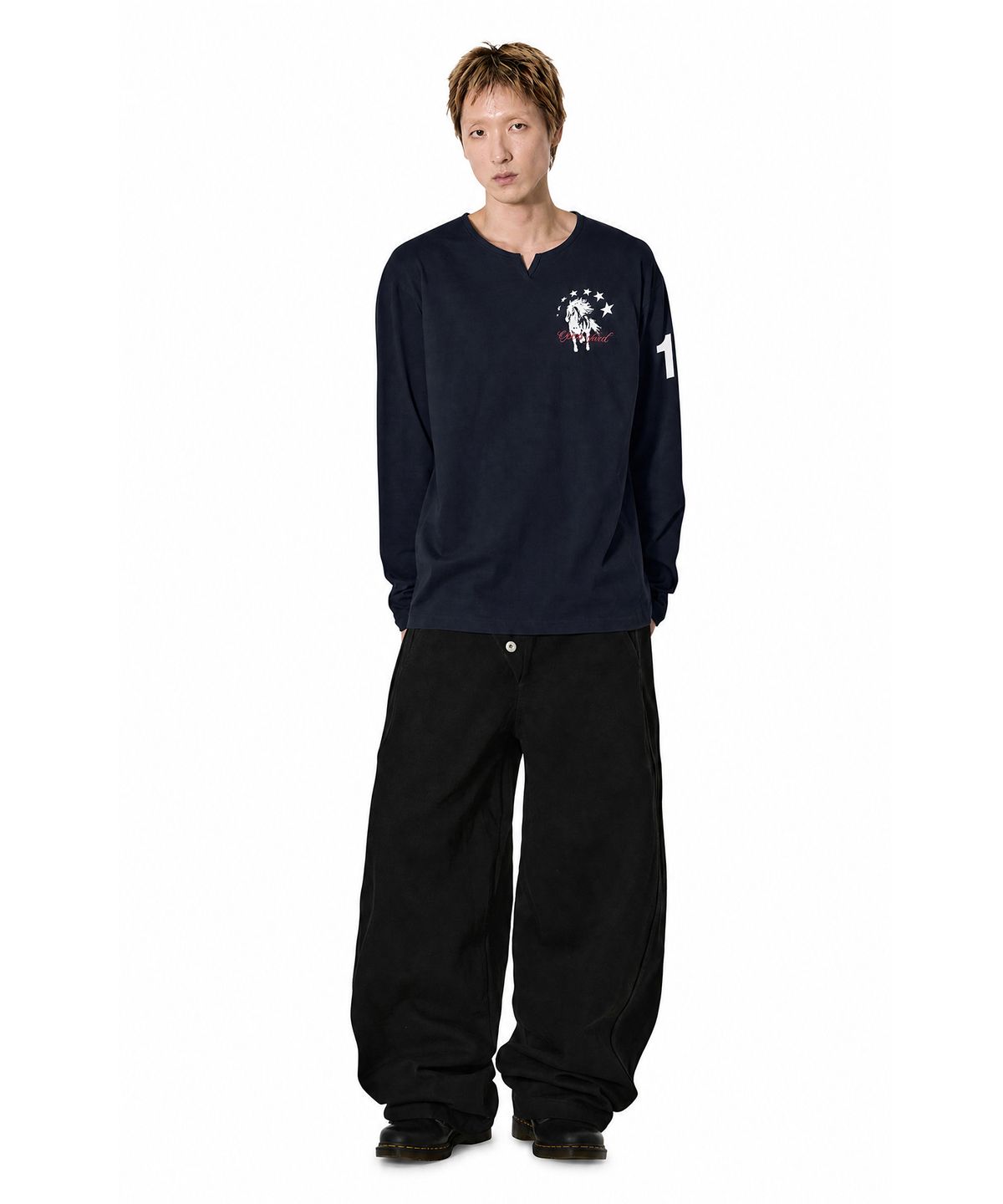 오픈야드(오와이)(OPENYARD(OY)) SLIT NECK HORSE L/S TEE - NAVY