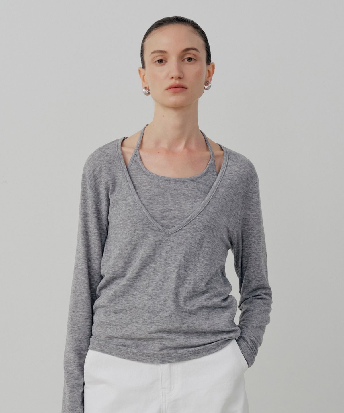 르세지엠(LESEIZEME) [Set-Up] Soft Tencel Halter Layered T-Shirt - Melange Gray