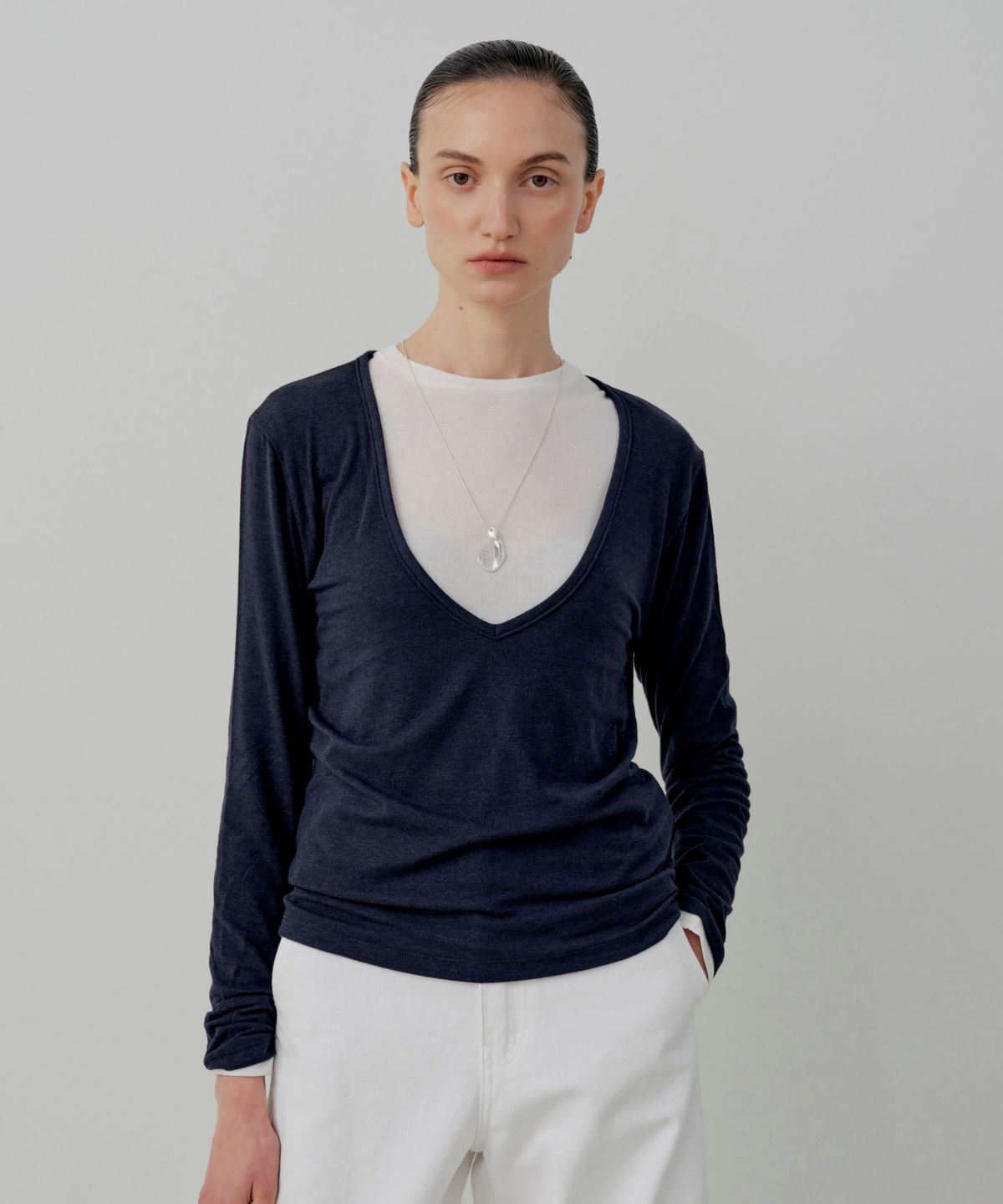 르세지엠(LESEIZEME) [Set-Up] Soft Tencel Halter Layered T-Shirt - Navy