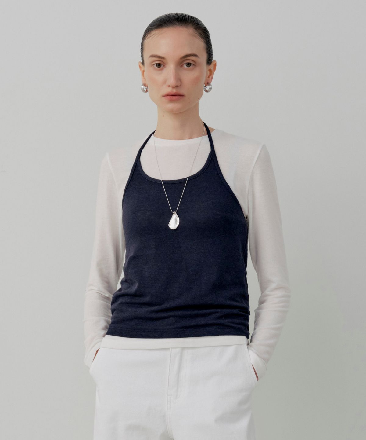 르세지엠(LESEIZEME) [Set-Up] Soft Tencel Halter Layered T-Shirt - Navy