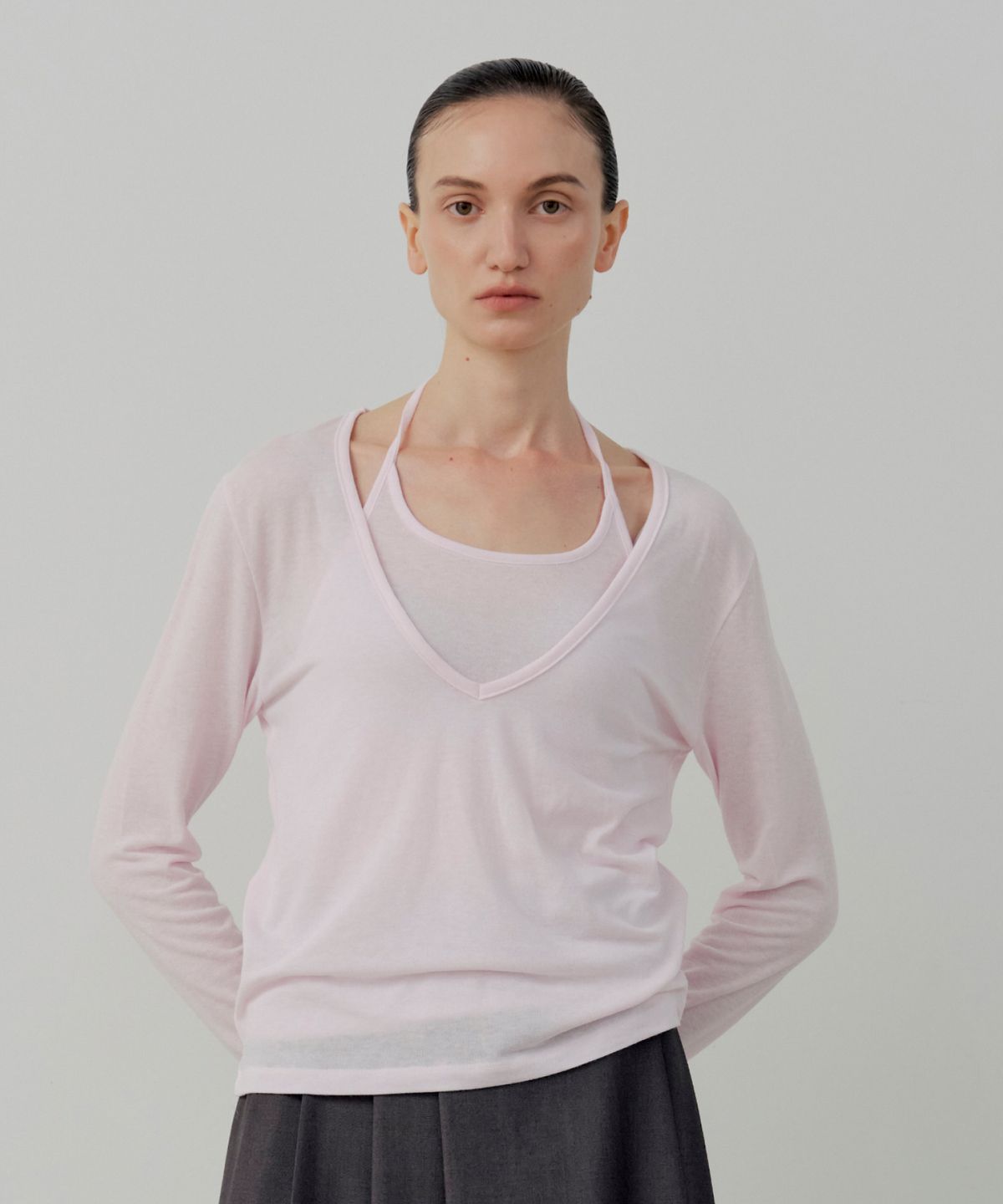 르세지엠(LESEIZEME) [Set-Up] Soft Tencel Halter Layered T-Shirt - Pink